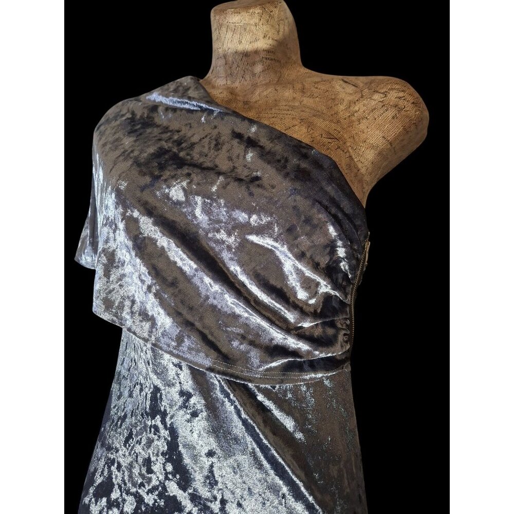 Vintage 90s Y2K One-Shoulder Gray Crushed Velvet Dress With Side Zipper Closure